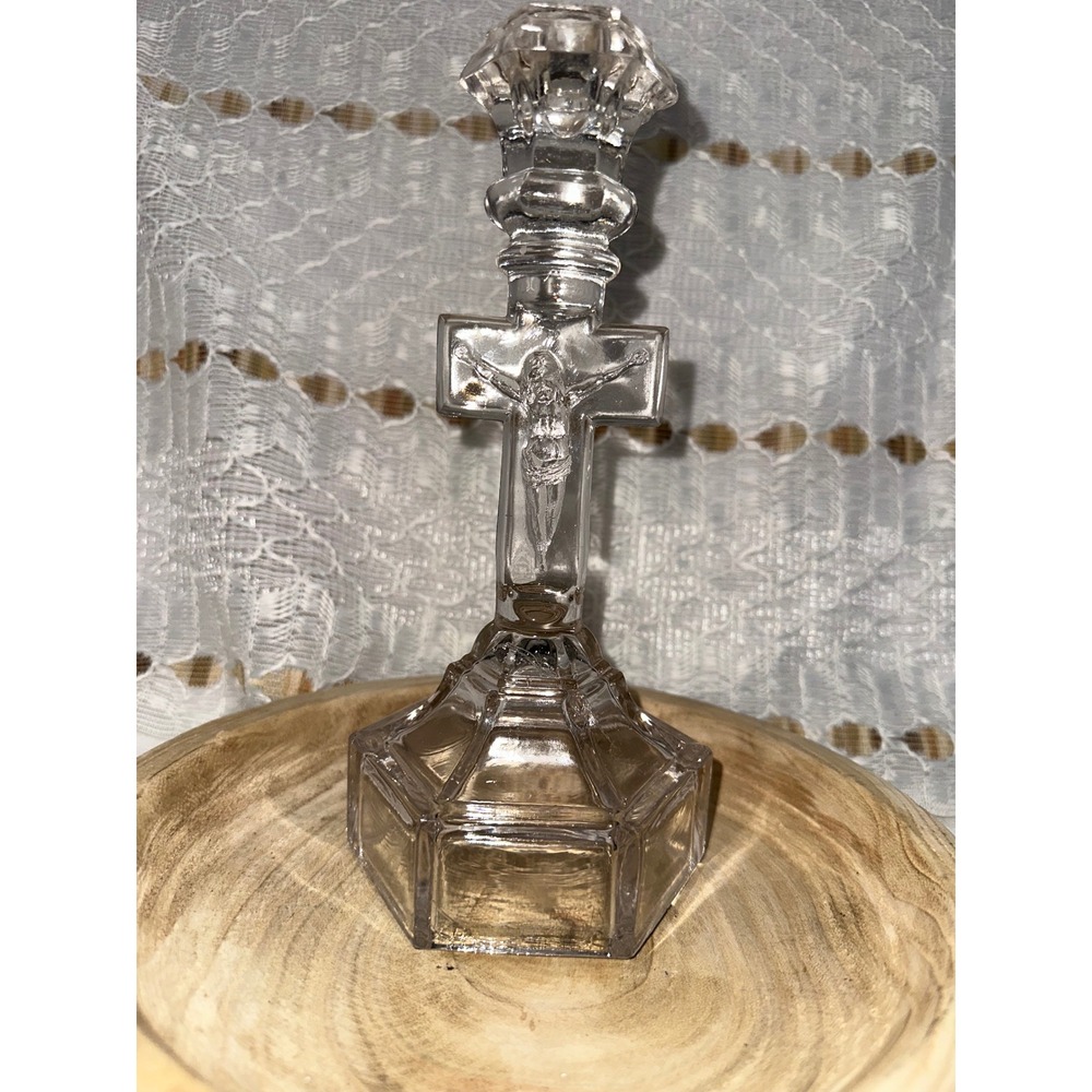 Clear Crystal Jesus‎ Crucifix Candlestick Holder Religious Decor